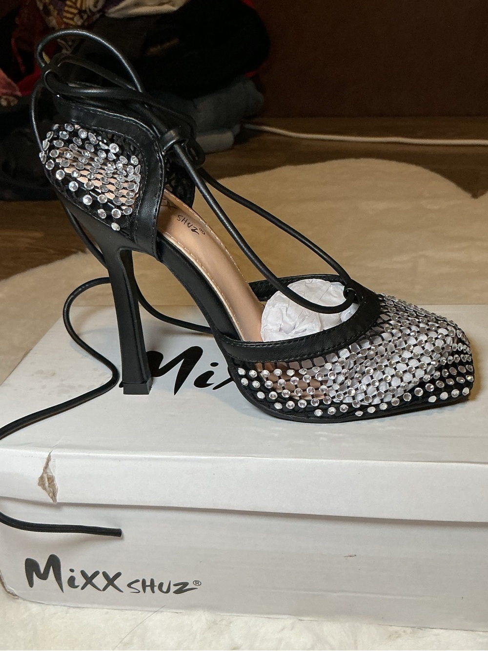 Mixx Shuz Black Crystal Lace-Up Stiletto Pumps - Picture 3 of 7